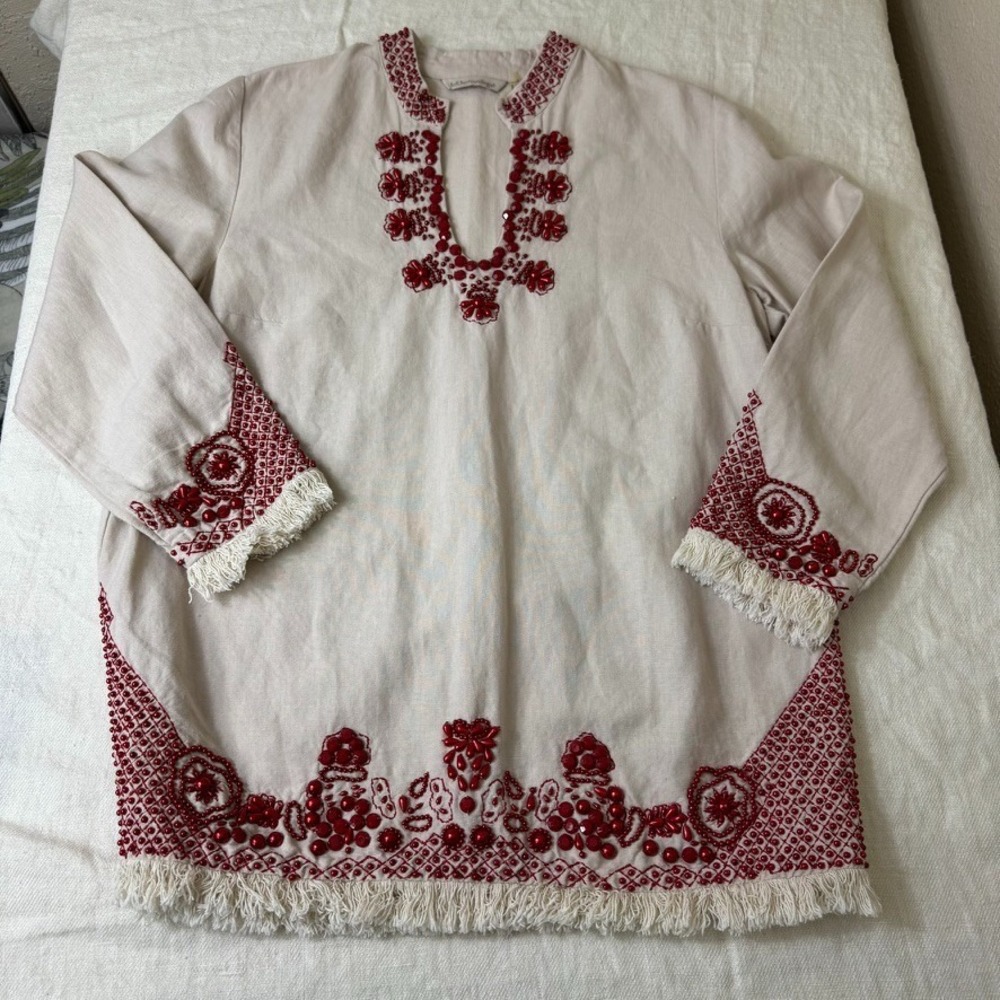 Soft Surroundings Sahara Tunic Womens PS Red Bead Embroidery Linen Blend Boho - Picture 10 of 10